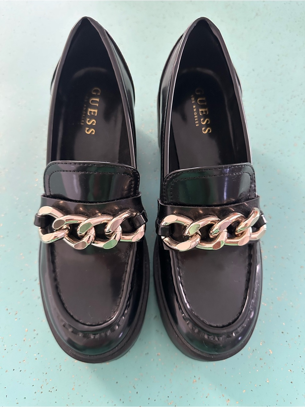 GUESS Black Patent Loafers with Gold Chain Accent
